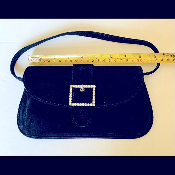 Black real suede leather evening purse clutch square buckle w shiny rhinestones - Picture 5 of 8